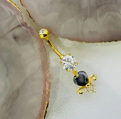 14G Gold Dangling Black Heart with Dangling Clear Stones Belly Button Ring