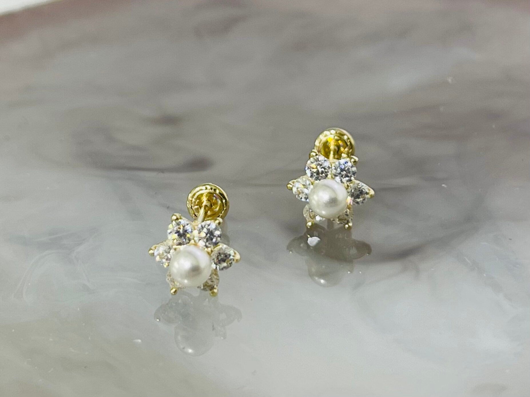 14K Real Gold White Pearl Centered Clear Stones Flower Screw Back Earrings. 14K Gold. 14K Gold Earrings.