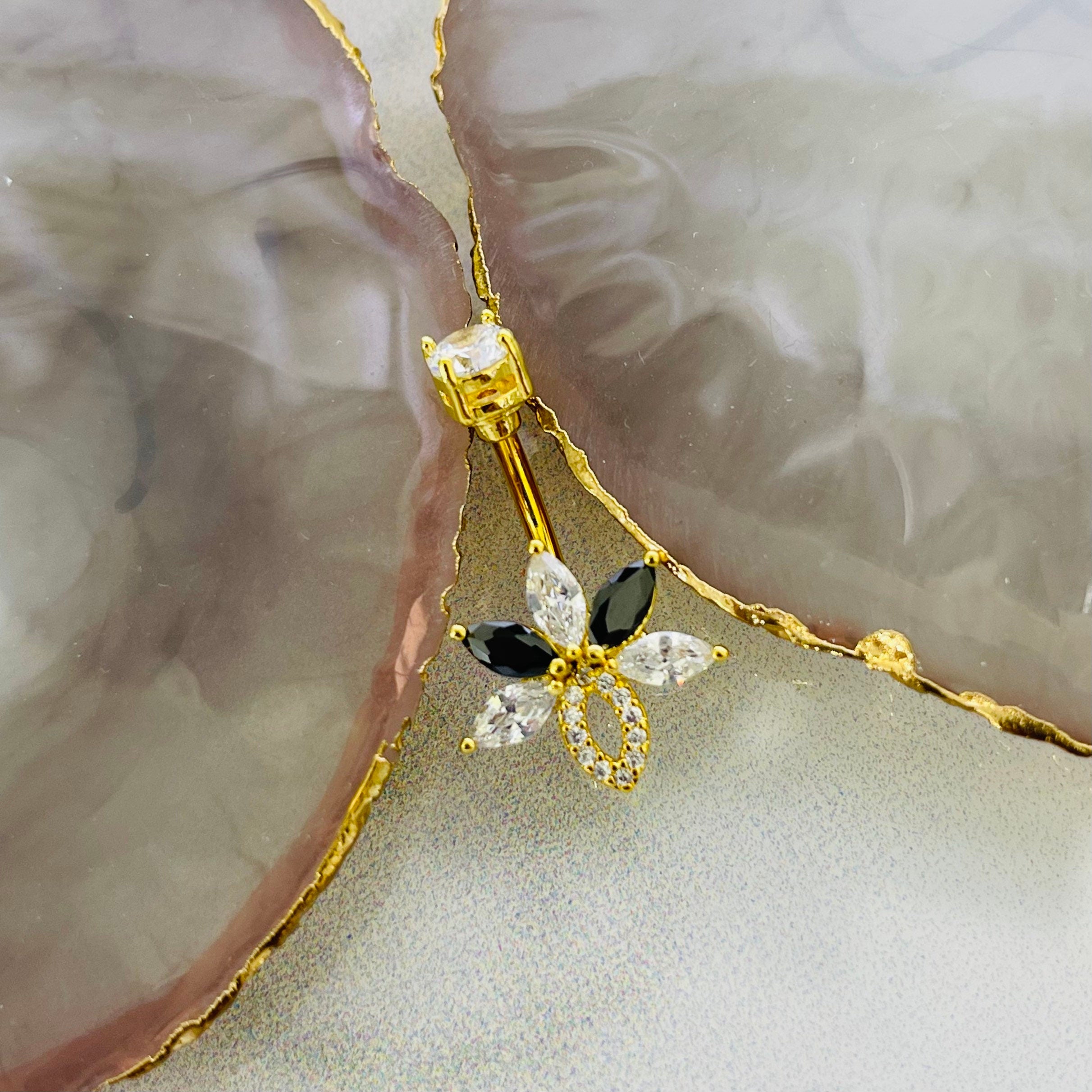 14G Gold Sparkling Marquise Stones Belly Button Ring