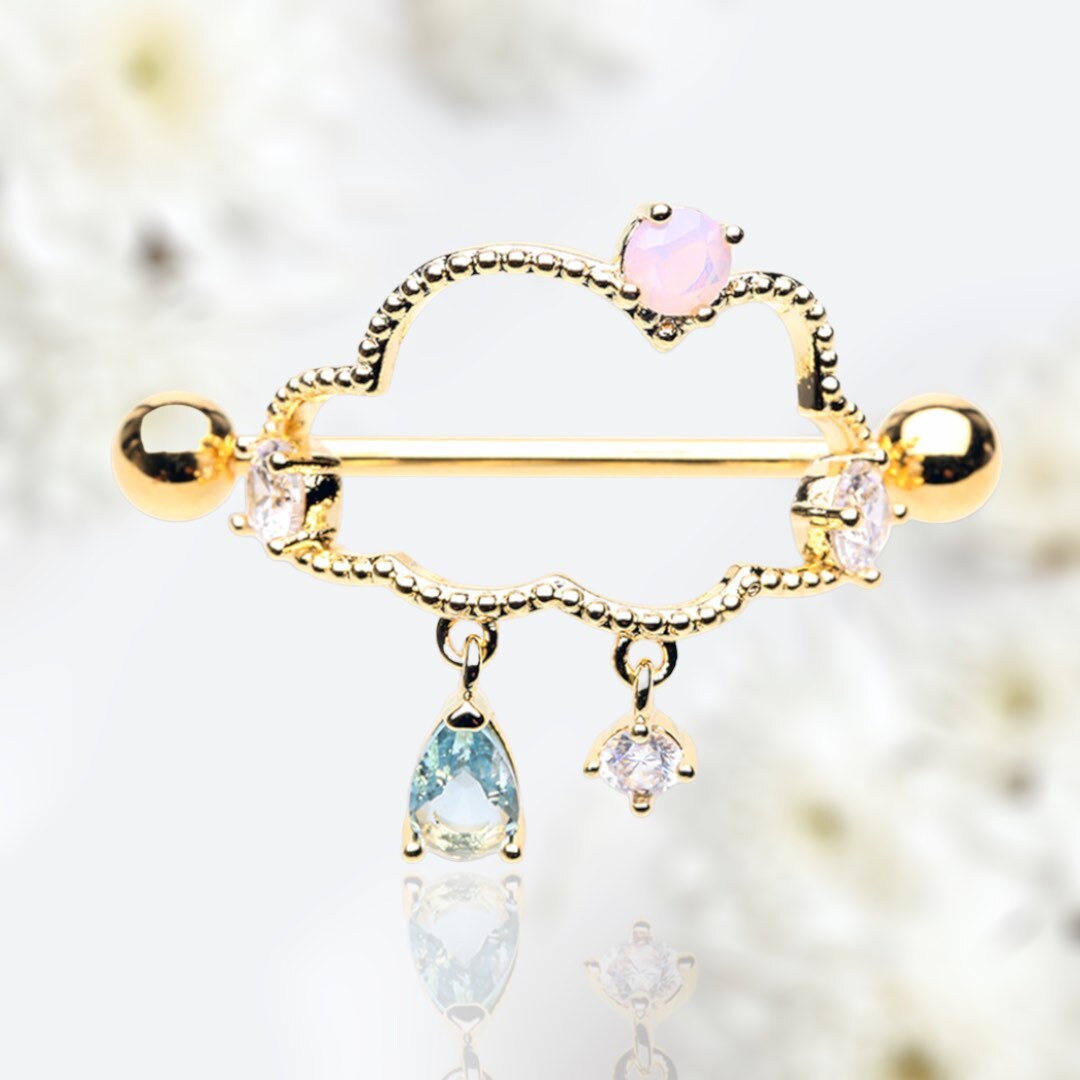 Pair of 14G Gold Raining Cloud with Sparkling Stones Nipple Shield Barbells. Nipple Shield. Nipple Ring. Nipple Jewelry