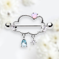 Pair of 14G Silver Raining Cloud with Sparkling Stones Nipple Shield Barbells. Nipple Shield. Nipple Ring. Nipple Jewelry