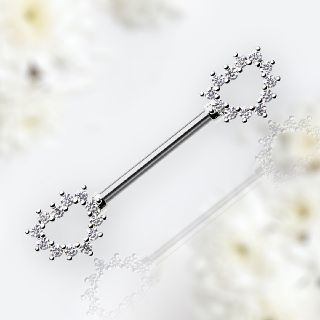 Pair of 14G Silver Hollow Heart Outline with Sparkling Stones Nipple Barbell. Nipple Jewelry. Nipple Piercing. Nipple Ring.