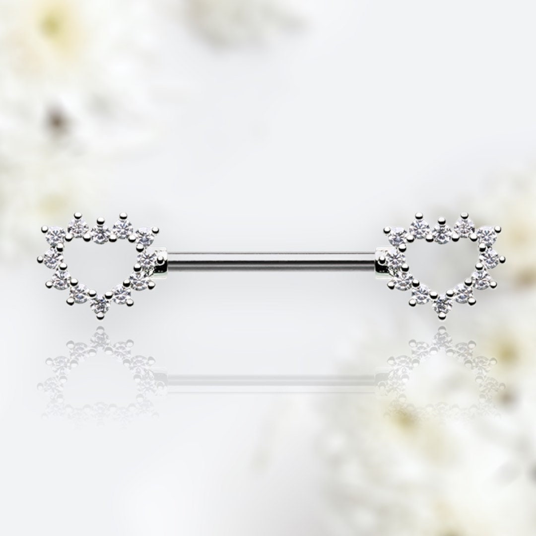 Pair of 14G Silver Hollow Heart Outline with Sparkling Stones Nipple Barbell. Nipple Jewelry. Nipple Piercing. Nipple Ring.