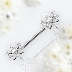 Pair of 14G Silver Blooming Lotus with Clear Stone Nipple Barbell. Nipple Rings. Nipple Jewelry