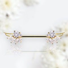 Pair of 14G Gold Guardian Angel Wings with Sparkling Stones Nipple Barbell. Nipple Rings. Nipple Jewelry