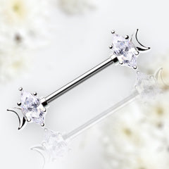 Pair of 14G Silver Crescent Moon Marquise Center Nipple Barbell. Nipple Rings. Nipple Jewelry