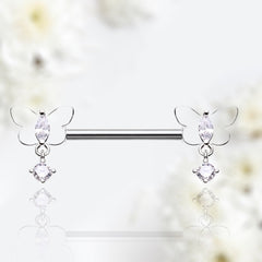 Pair of 14G Silver Dangling Sparkle Butterly Nipple Barbell. Nipple Rings. Nipple Jewelry. Nipple Piercing