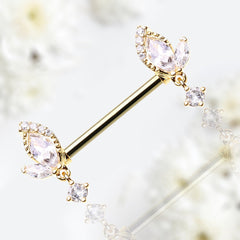 Pair of 14G Gold Marquise Leaf Dangling Clear Gem Nipple Barbell