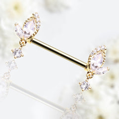 Pair of 14G Gold Marquise Leaf Dangling Clear Gem Nipple Barbell