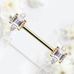 Pair of 14G Gold Sparkle Princess Cut Center Stone Nipple Barbell