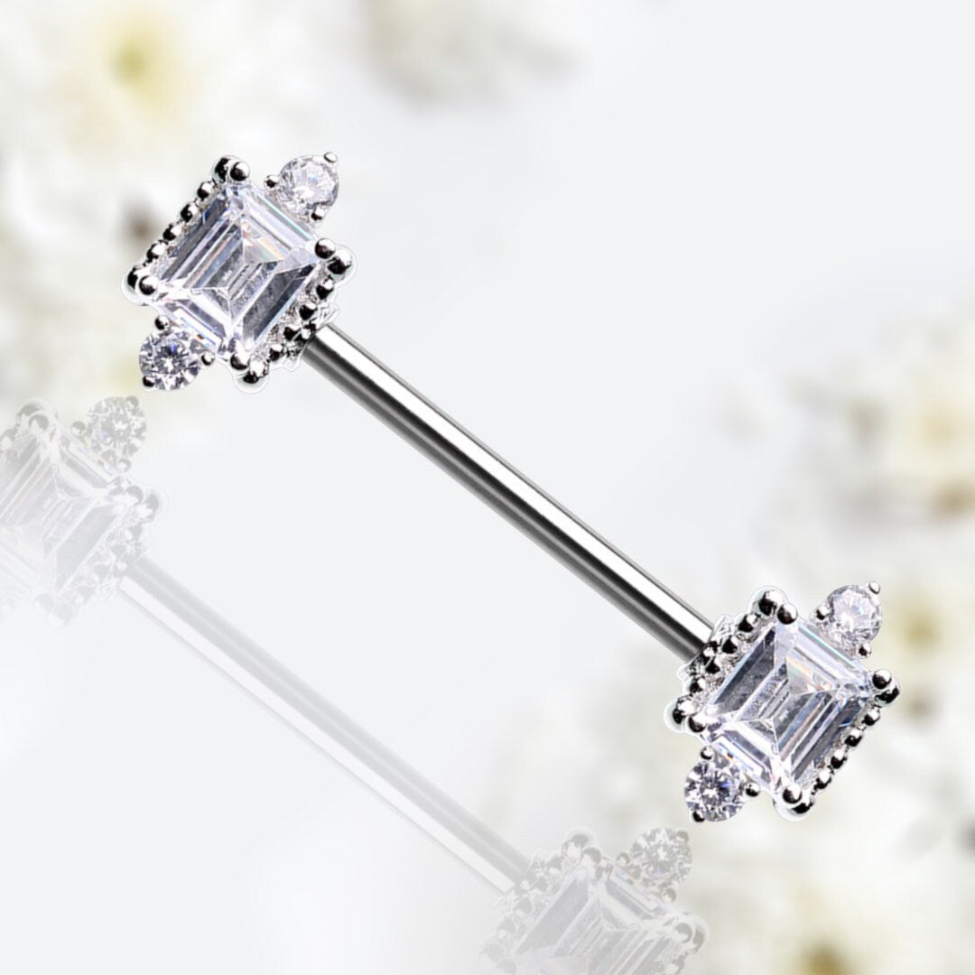 Pair of 14G Silver Sparkle Princess Cut Center Stone Nipple Barbell