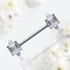 Pair of 14G Silver Sparkle Princess Cut Center Stone Nipple Barbell