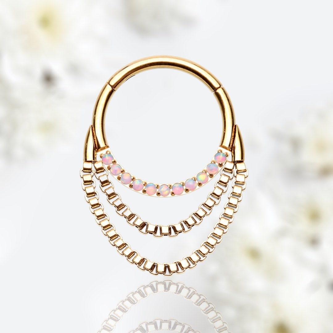 16G Gold Multicolor Gems Dangling Chains Seamless Septum Clicker Ring