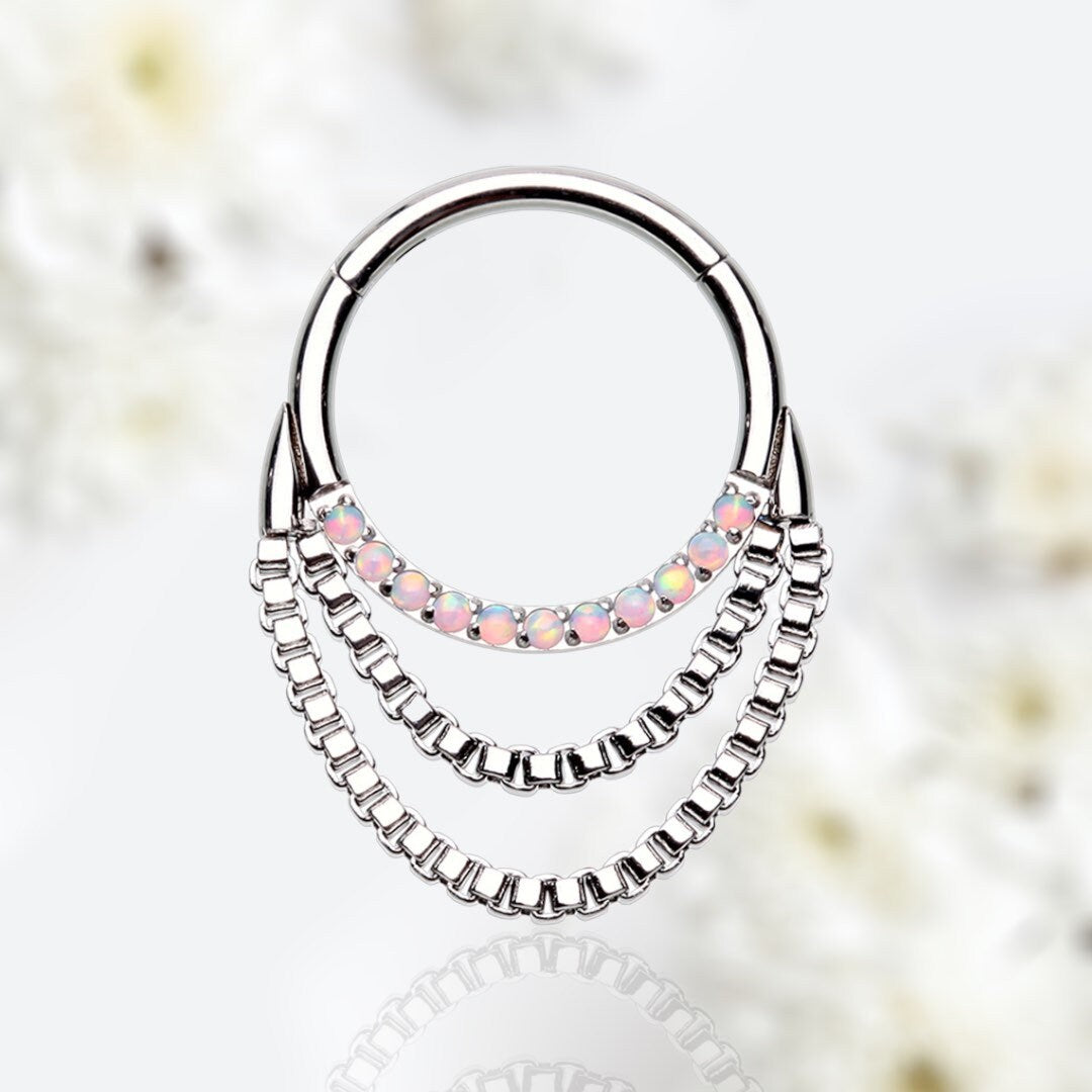 16G Silver Multicolor Gems Dangling Chains Seamless Septum Clicker Ring