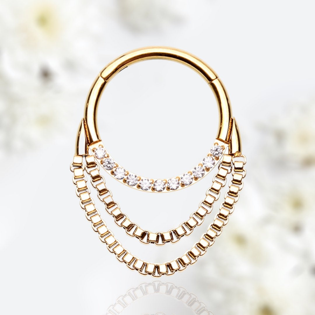 16G Gold Clear Gems Dangling Chains Seamless Septum Clicker Ring