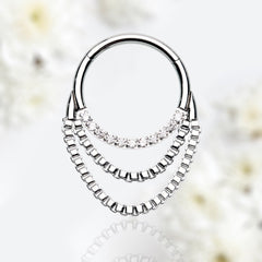 16G Silver Clear Gems Dangling Chains Seamless Septum Clicker Ring