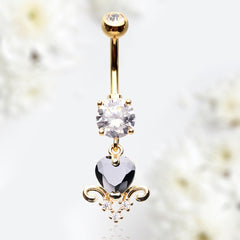 14G Gold Dangling Black Heart with Dangling Clear Stones Belly Button Ring