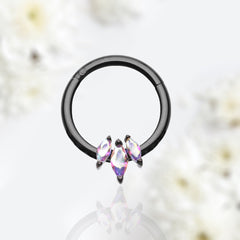 16G Black Triple Gem Iridescent Marquise Stones Seamless Hinged Septum Clicker Ring 8MM 10MM