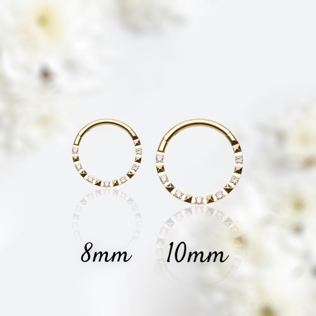 16G Gold Clear Stone Front Facing 8MM 10MM Seamless Hinged Clicker Septum Ring