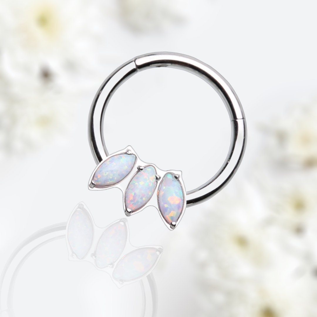 16G Silver Dainty Triple White Opal Marquise Seamless Hinged Septum Clicker Ring