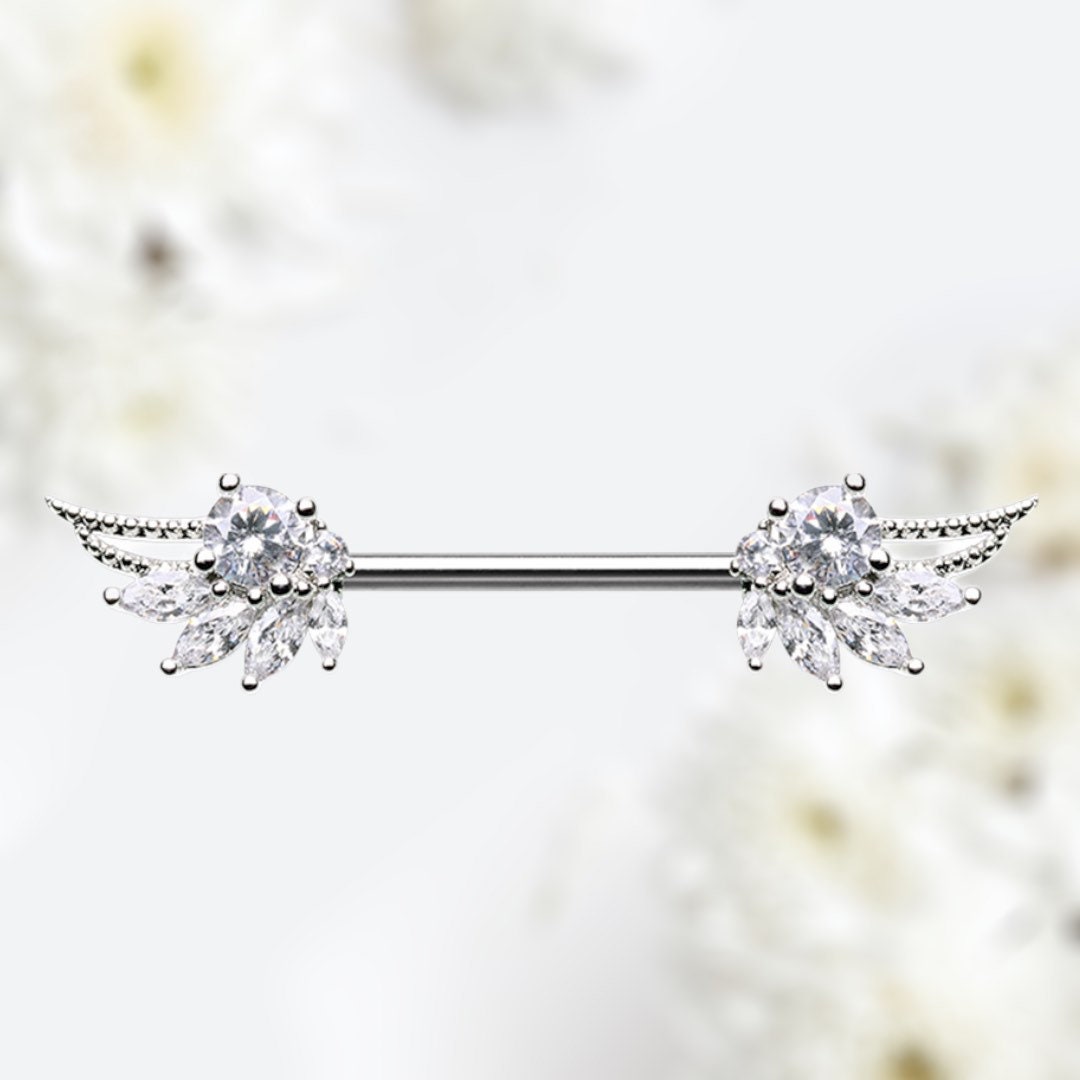 Pair of 14G Silver Guardian Angel Wings with Sparkling Stones Nipple Barbell. Nipple Rings. Nipple Jewelry