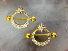 Pair of 14G Surgical Steel Gold Clear Stone Moon Starburst Design Nipple Shield. Nipple Rings. Nipple Piercing.