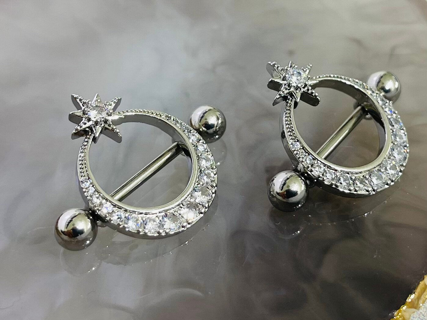 Pair of 14G Surgical Steel Silver Clear Stone Moon Starburst Design Nipple Shield. Nipple Rings. Nipple Piercing.