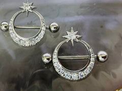 Pair of 14G Surgical Steel Silver Clear Stone Moon Starburst Design Nipple Shield. Nipple Rings. Nipple Piercing.