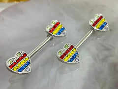 Pair of 14G Silver Rainbow Colors Heart Nipple Barbell. Nipple Piercing. Nipple Rings. Nipple Jewelry.