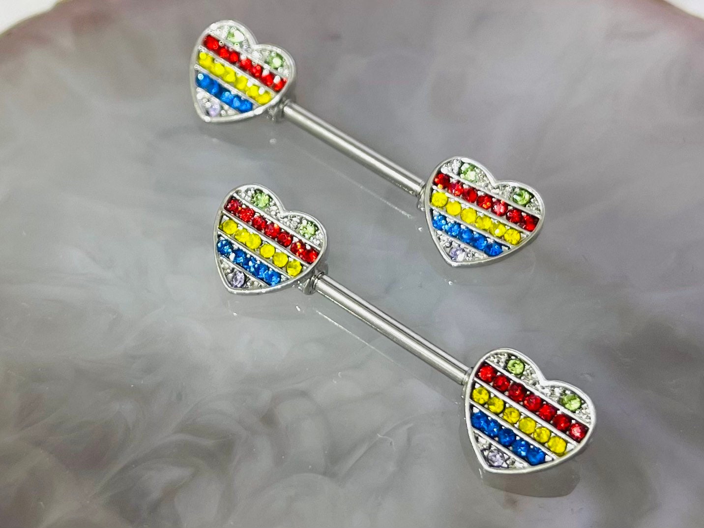 Pair of 14G Silver Rainbow Colors Heart Nipple Barbell. Nipple Piercing. Nipple Rings. Nipple Jewelry.