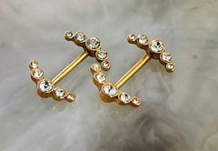 Pair of 14G Surgical Steel Rose Gold Sparkling Clear Stone Ray Nipple Barbell. Nipple Jewelry. Nipple Piercing.