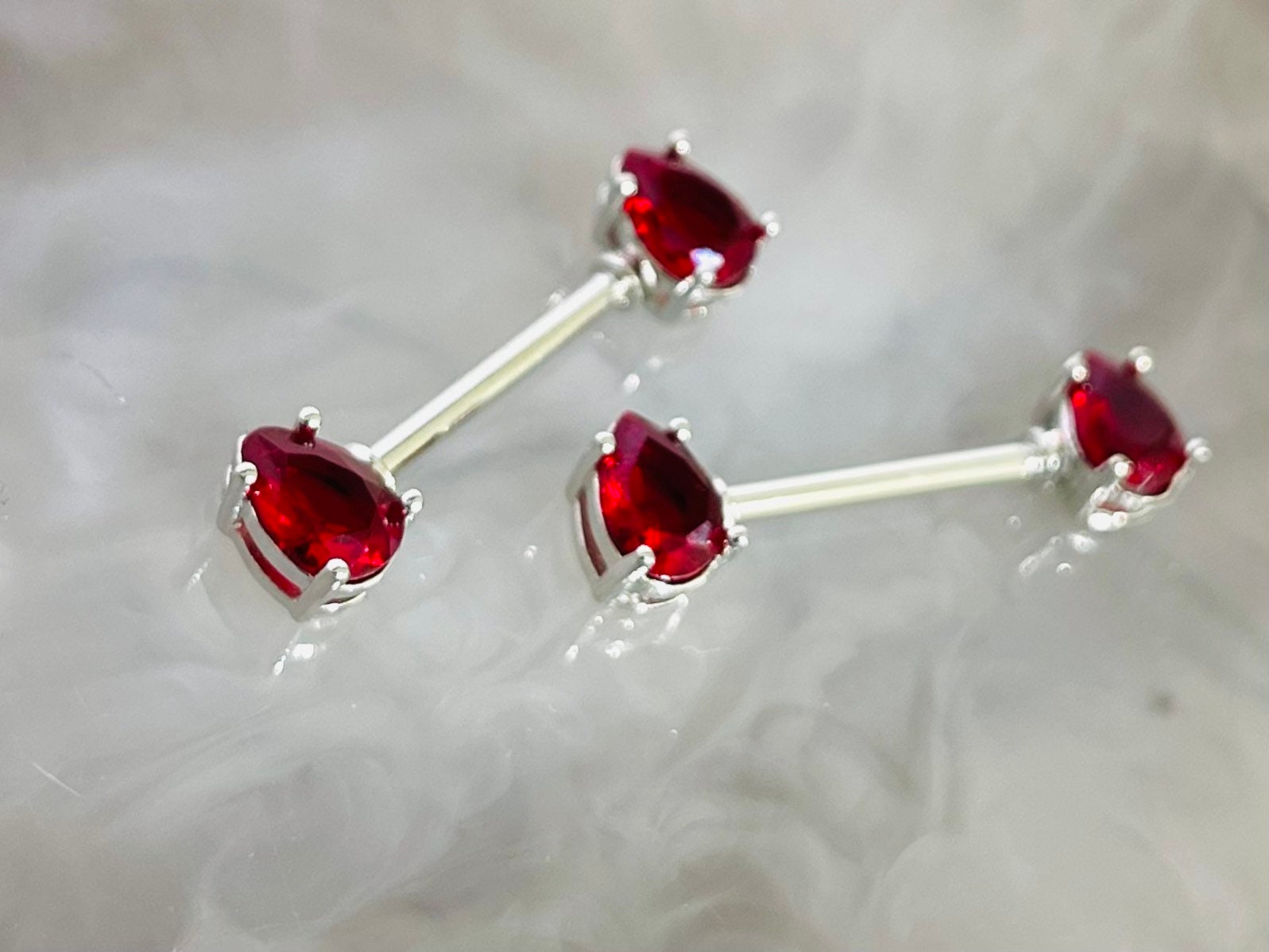 Pair of 14G Silver Teardrop Red Gems Nipple Barbells. Nipple Rings. Nipple Piercing. Nipple Jewelry. Body Jewelry