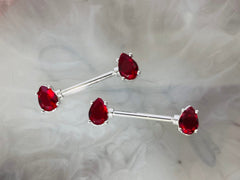 Pair of 14G Silver Teardrop Red Gems Nipple Barbells. Nipple Rings. Nipple Piercing. Nipple Jewelry. Body Jewelry