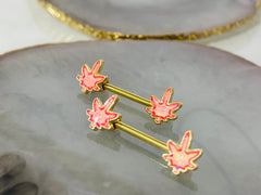 Pair of 14G Gold Pink Glitter Marijuana Leaf Nipple Barbell.