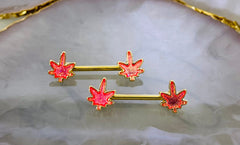 Pair of 14G Gold Pink Glitter Marijuana Leaf Nipple Barbell.