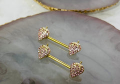 Pair of 14G Gold Pink Gems Strawberry Ends Nipple Barbell.