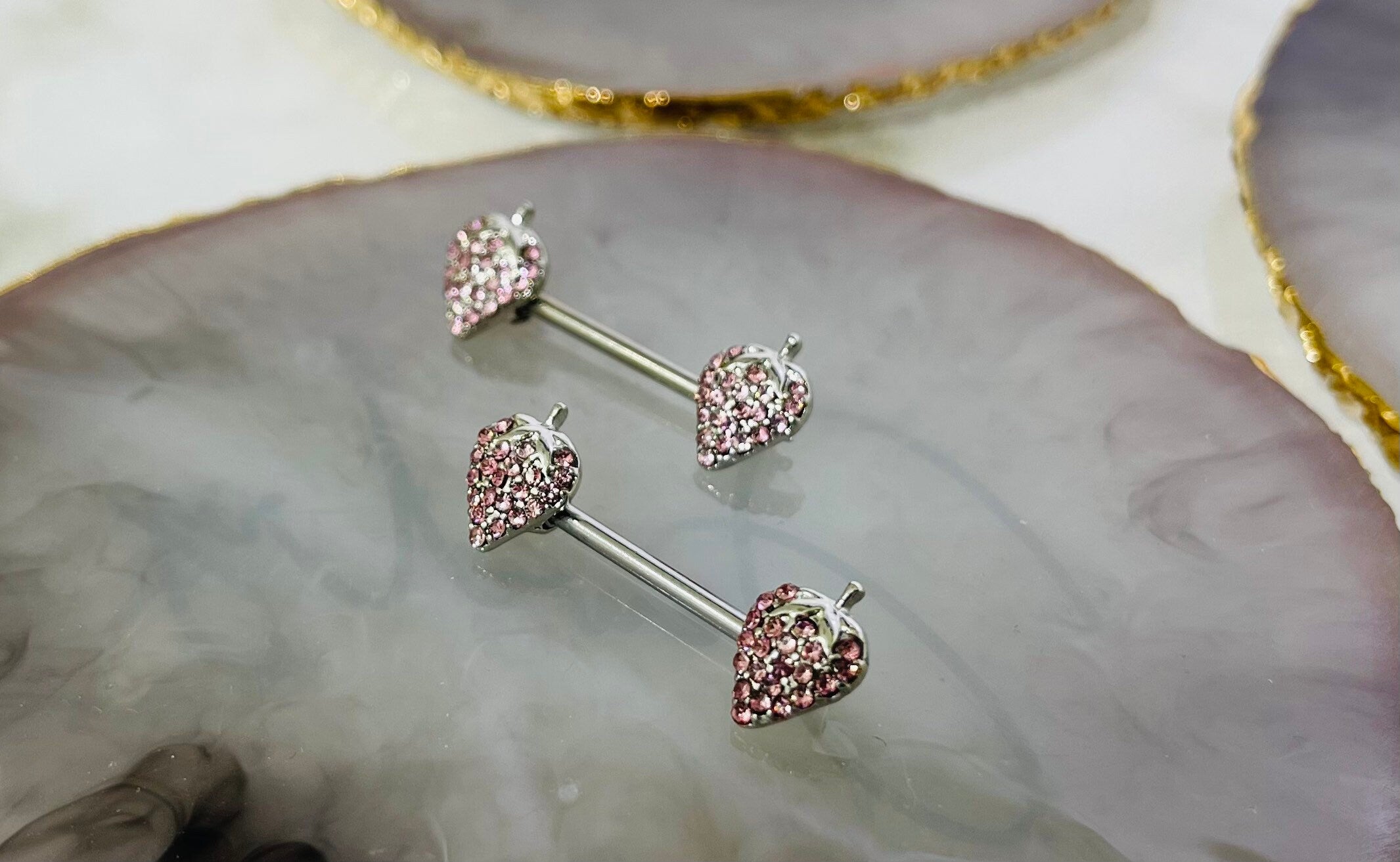 Pair of 14G Silver Pink Gems Strawberry Ends Nipple Barbell.