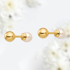 Dainty 14K Gold Reversible 4MM Cultured Pearl and Gold Ball Earrings