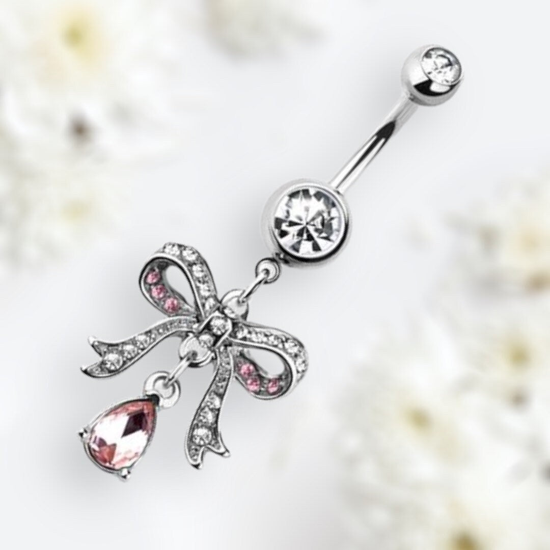 14G Silver Pink Ribbon with Dangling Teardrop Belly Button Ring