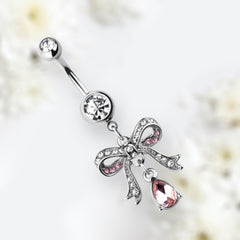 14G Silver Pink Ribbon with Dangling Teardrop Belly Button Ring