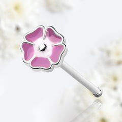 20G Silver Pink Enamel Flower Top Nose Stud. Nose Bone. Nose Piercing.