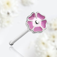 20G Silver Pink Enamel Flower Top Nose Stud. Nose Bone. Nose Piercing.