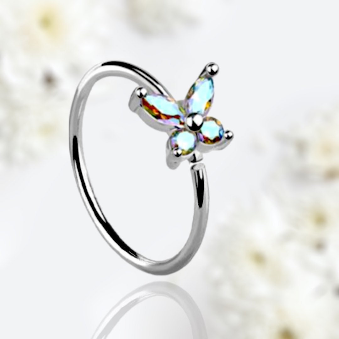 20G Silver Multicolor Butterfly Top Bendable Nose Hoop. Cartilage Hoop. Nose Ring. Nose Piercing.