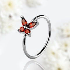 20G Silver Red Gems Butterfly Top Bendable Nose Hoop. Cartilage Hoop. Nose Ring. Nose Piercing.