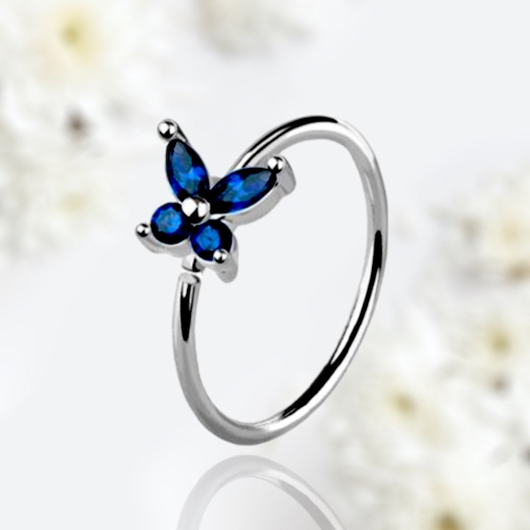 20G Silver Blue Sapphire Gems Butterfly Top Bendable Nose Hoop. Cartilage Hoop. Nose Ring. Nose Piercing.