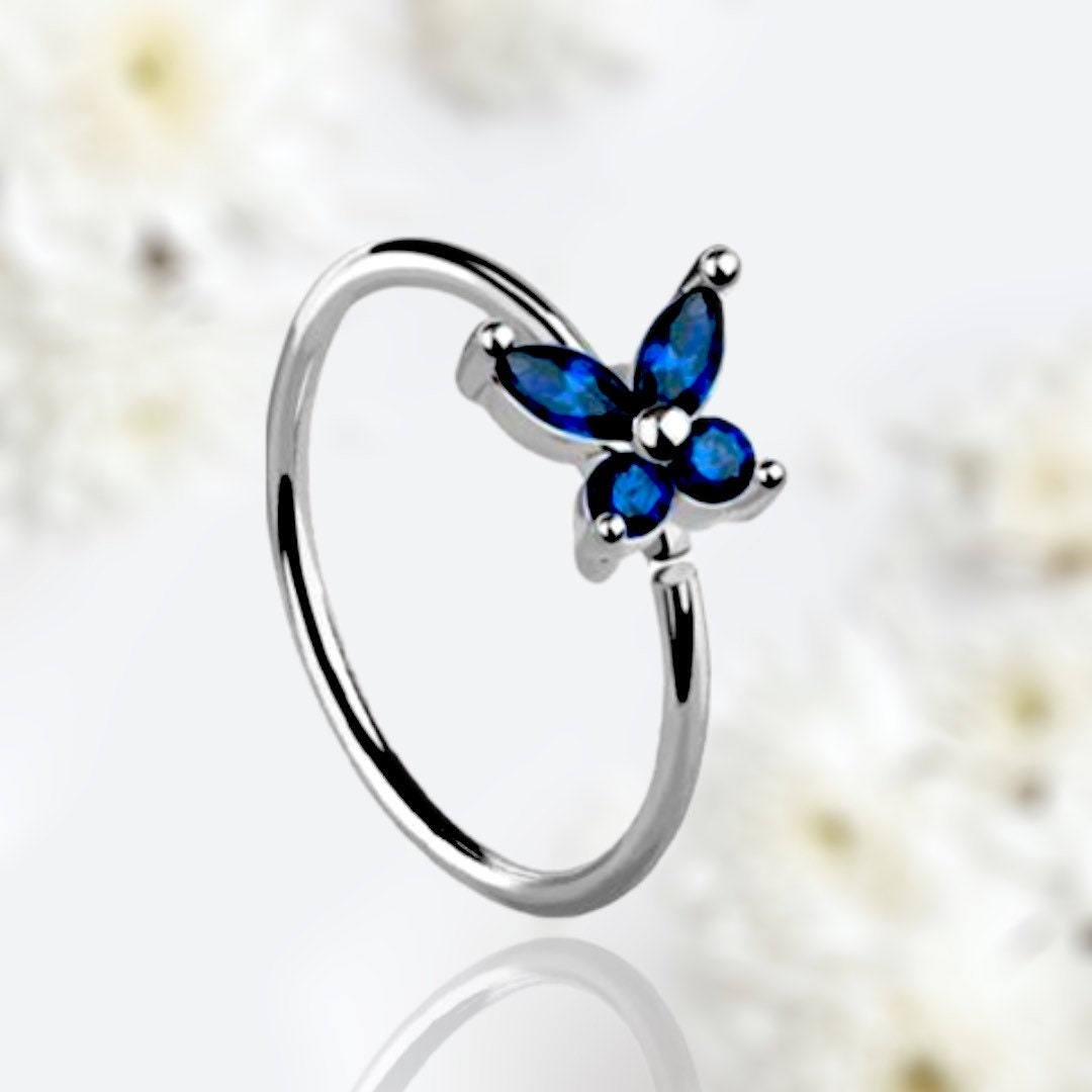 20G Silver Blue Sapphire Gems Butterfly Top Bendable Nose Hoop. Cartilage Hoop. Nose Ring. Nose Piercing.