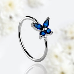 20G Silver Blue Sapphire Gems Butterfly Top Bendable Nose Hoop. Cartilage Hoop. Nose Ring. Nose Piercing.