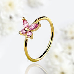 20G Gold Pink Gems Butterfly Top Bendable Nose Hoop. Cartilage Hoop. Nose Ring. Nose Piercing.