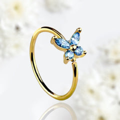 20G Gold Aqua Blue Gems Butterfly Top Bendable Nose Hoop. Cartilage Hoop. Nose Ring. Nose Piercing.