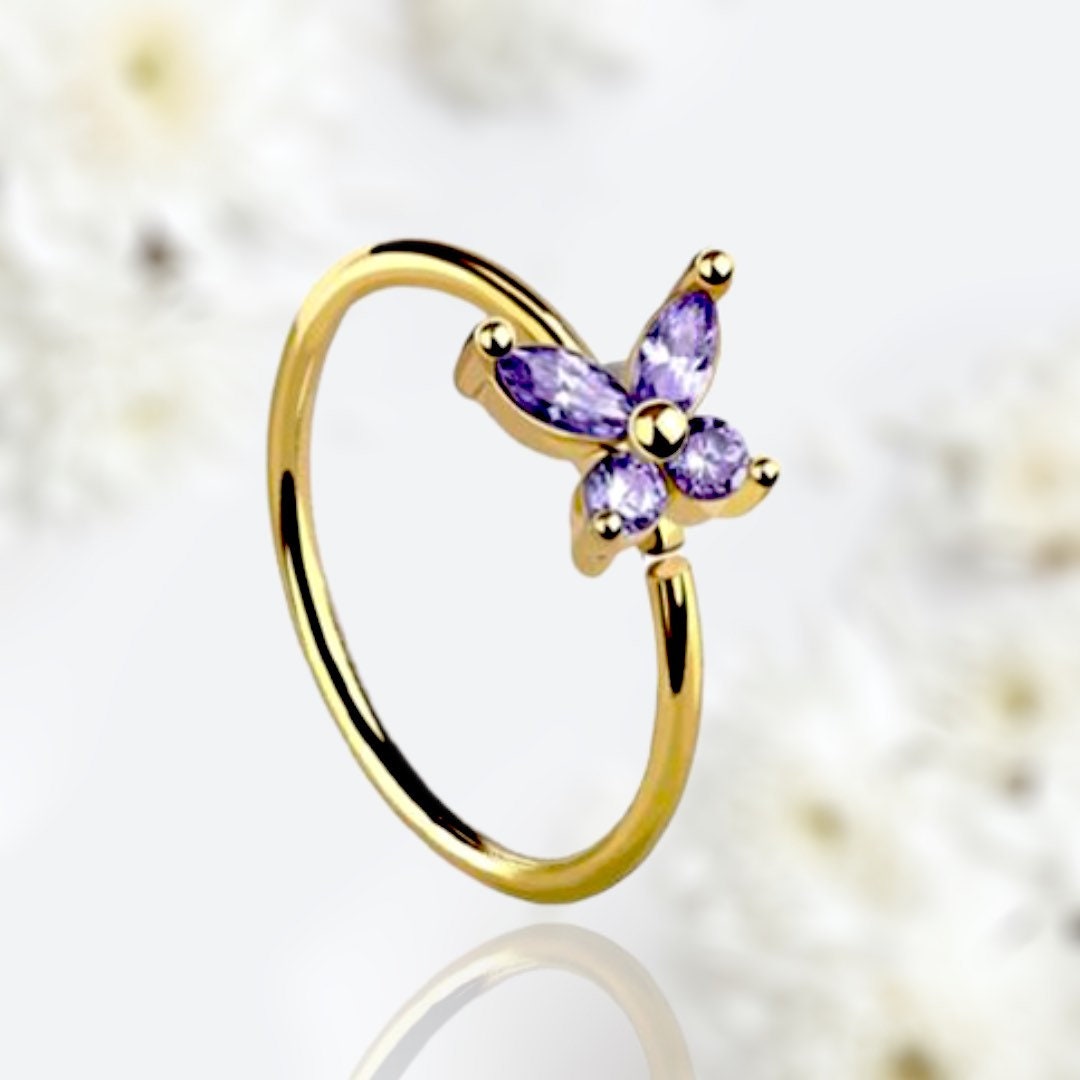 20G Gold Purple Gems Butterfly Top Bendable Nose Hoop. Cartilage Hoop. Nose Ring. Nose Piercing.